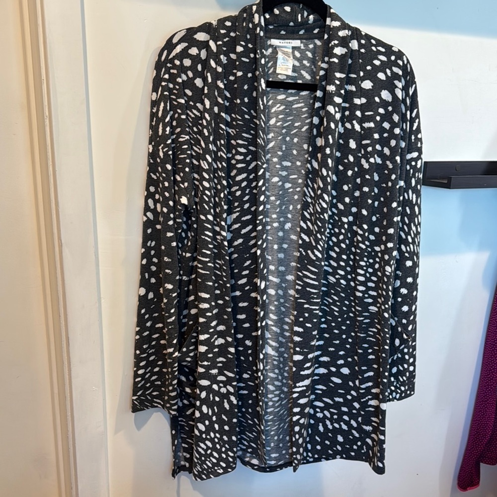 Natori White and Gray Cardigan Sweater Animal Print